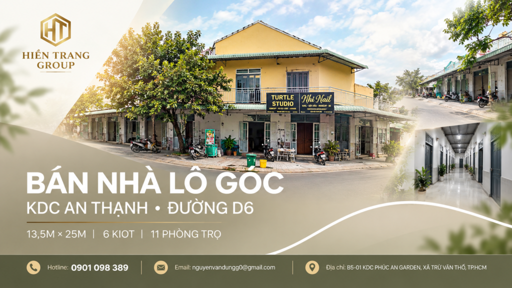 Nhà lô góc KDC An Thạnh đường D6, diện tích khoảng 369m², gồm 6 kiot và 11 phòng trọ.